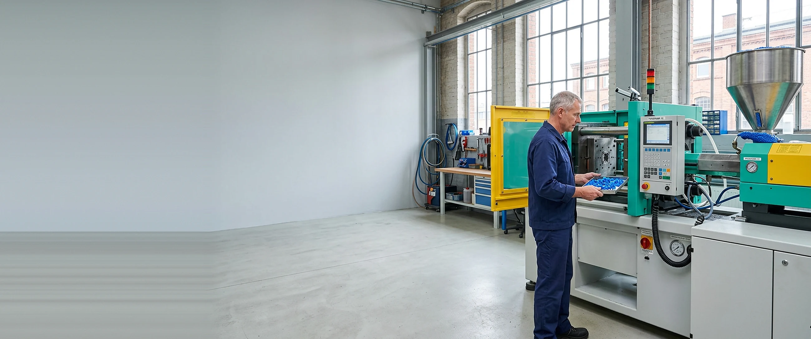 Maschinenbediener entnimmt frisch gespritzte Kunststoffteile an einer Spritzgießmaschine in einer hellen Fertigungshalle